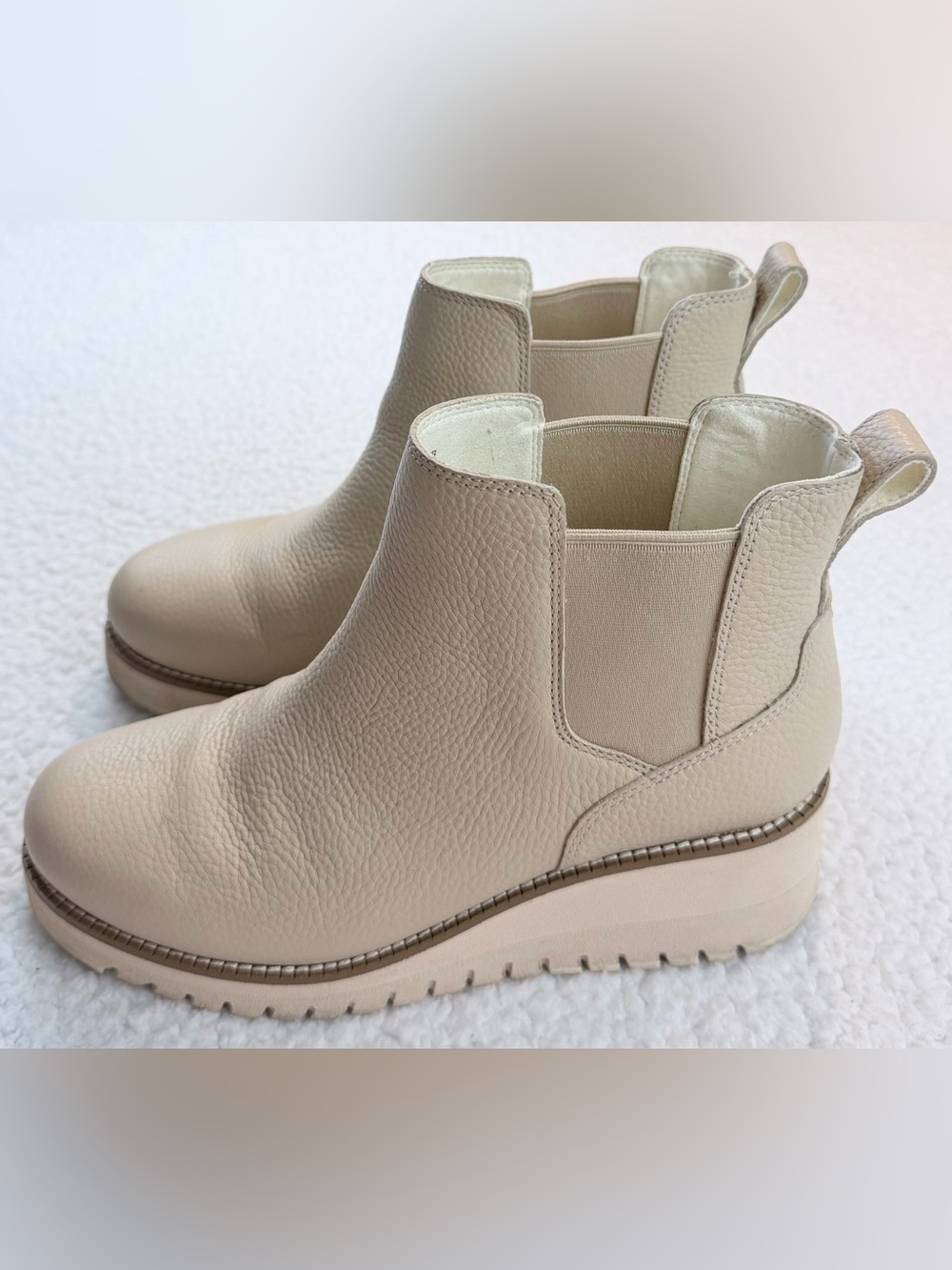 COLE HAAN • Zerogrand Beige/Cream Pebble Leather Chelsea Wedge Ankle Booties, 7 - Picture 5 of 16